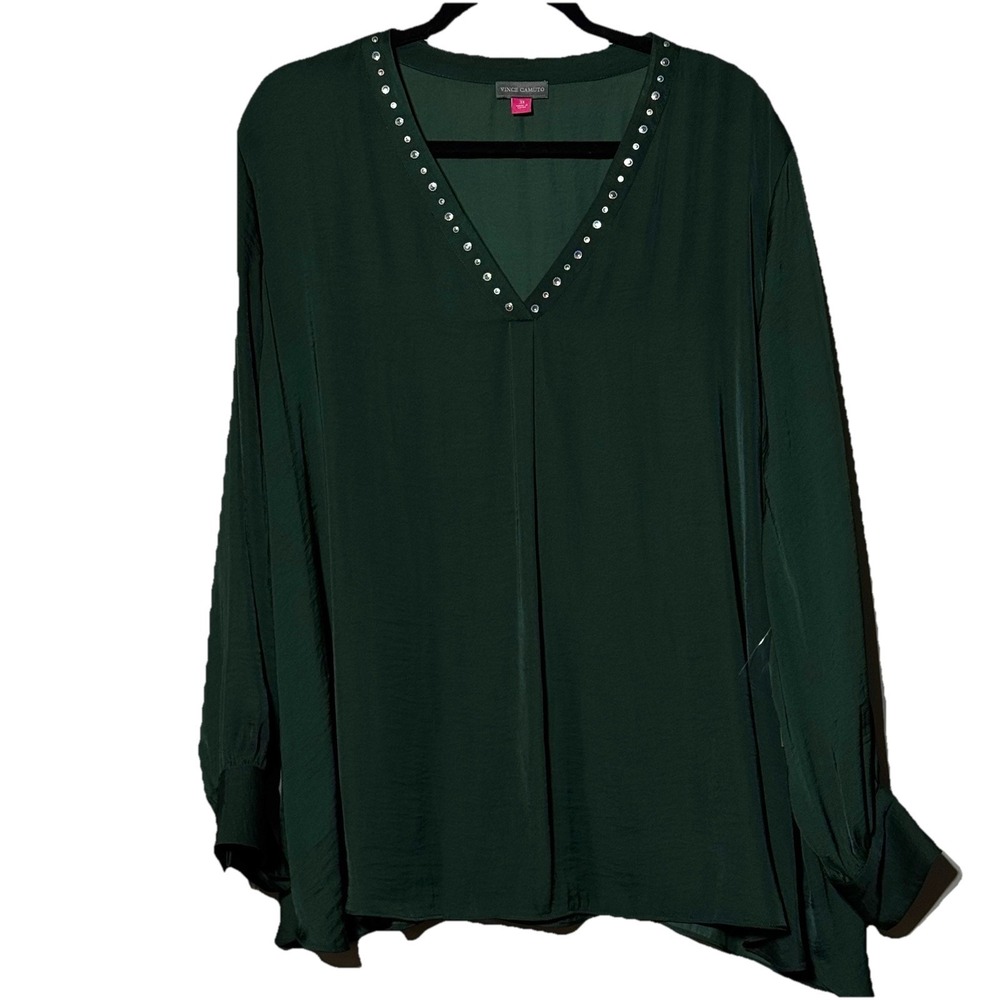 Vince Camuto 3X Deep Emerald Green Flowy Blouse Studded V-Neck Long Sleeve‎ NWT
